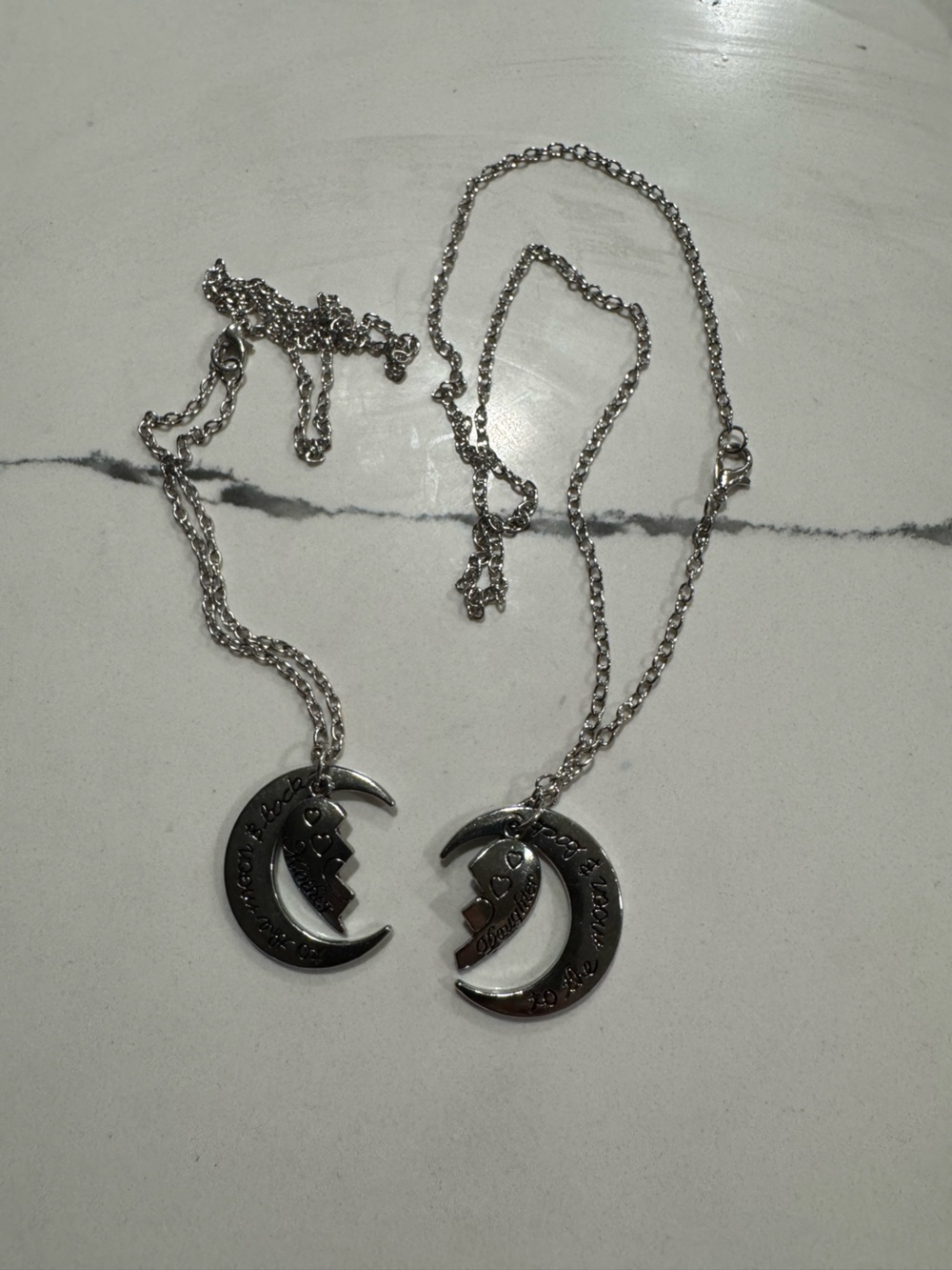 Silver Moon and Heart Matching mother daughter Pendant Necklace Set